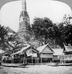 Dhow a domy na řece Chao Phraya, Bangkok, Thajsko, 1900