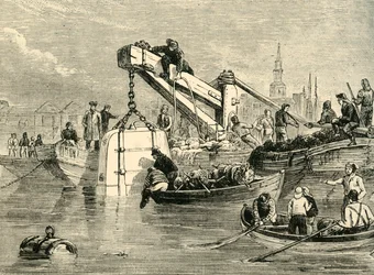 Potápěčský zvon použitý při stavbě tunelu Temže, c1878.