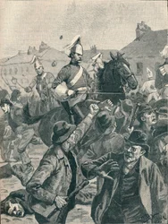 Dragouni a Highlanders rozptylující výtržníky v Belfastu, 1872 1906.