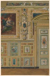 Kresba, část zdi ukazující skupiny malovaných panelů, oválná komora, salón Ludvíka XIV., Palác Fontainebleau, Francie
