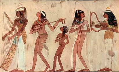 Egyptská oblouková harfa, loutna, dvojitý hoboj a lyra, hrobová malba ve Vesetu, Thébách, kolem 1420-1411 př. n. l.