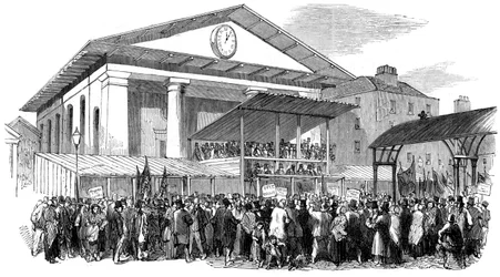 Volební akce v Covent Garden během voleb ve Westminsteru, Londýn, 1852