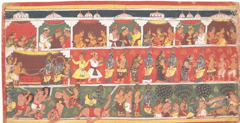Setkání v Mathura: Stránka z rozptýlené Bhagavata Purana..., ca. 1700.