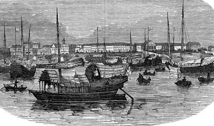 Evropské továrny v kantonu Guangzhou, Čína, c1875