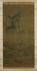 Večerní zvon z chrámu zahaleného mlhou, podzimní měsíc nad jezerem Dongting vpravo, ca. 1450-1500.