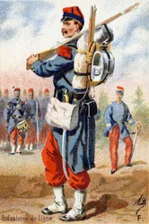 F: Linie pěchoty. Rytina ve "vojenské abecedě" . Iniciály ilustrátora: A. D. Neznámý vydavatel. Chromolitografie konce 19. století. Rozměr: 10,5 x 7 cm.