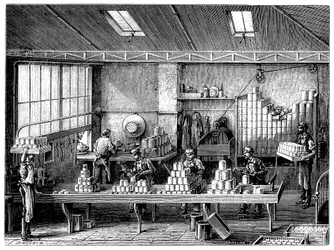 Plnění a pájení plechovek s potravinami, Francie, c1870