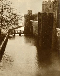 Záplavové vody v příkopu v Tower of London, 1928, 1935.