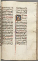 Fol. 230r, žalm 97, historická iniciála C, dva klerici zpívající u řečnického pultu. , c. 1275-1300.