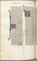 Fol. 354v, Amos, historická iniciála V, Amos klečící v modlitbě, poprsí Boha nahoře, c. 1275-1300.