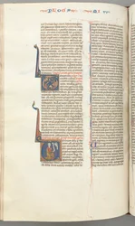 Fol. 358v, Micheáš, historická iniciála V, Micheáš klečící, poprsí Boha nahoře, c. 1275-1300.