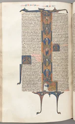 Fol. 391v, Matthew, celovečerní historická iniciála L, Jesseho strom, se spícím Jessem, c.