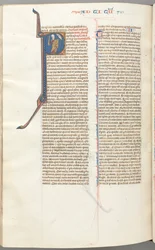Fol. 457v, Timoteus II., historická iniciála P, Pavel mluvící s bustou Boží nahoře, c. 1275-1300.