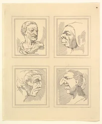 Čtyři hlavy z Characaturas od Leonarda da Vinciho, z kreseb Wincelslause Hollara, o..., 1786.