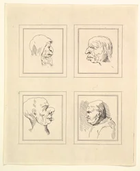 Čtyři hlavy z Characaturas od Leonarda da Vinciho, z kreseb Wincelslause Hollara, o..., 1786.