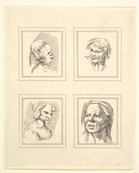 Čtyři hlavy z Characaturas od Leonarda da Vinciho, z kreseb Wincelslause Hollara, o..., 1786.