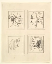 Čtyři hlavy z Characaturas od Leonarda da Vinciho, z kreseb Wincelslause Hollara, o..., 1786.
