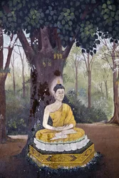 Freska zobrazující scénu Buddhova života ve Wat Phra Doi Suthep, Chiang Mai. Buddha medituje pod stromem. Thajsko