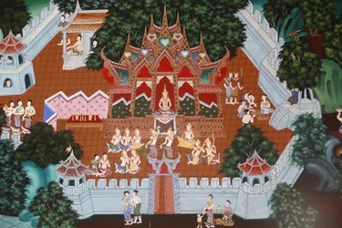 Fresky ve Wat Ampharam, Hua Hin, Thajsko. Temiya Jataka, známá také jako Muga-Pakkha Jataka, je jedním z Buddhových dřívějších životů.