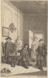 Frontispis k The Humours of Oxford, duben 1730.