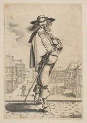 Gentleman s mečem před některými budovami, 1629.