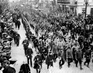 Německé jednotky jako zajatci v Antverpách, Belgie, první světová válka, 1914
