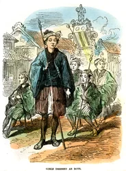 Dívky oblečené jako chlapci, novoroční festivalový průvod v Jokohamě, Japonsko, 1872