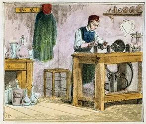 Skleněná řezačka na zdobení stolního nádobí na karborundovém kole, 1867