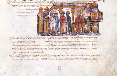 Velká princezna Olga na návštěvě miniatury Konstantina VII z madridských Skylitzes, 11.–12. století