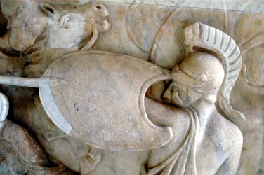 Řecký Hoplite v bitvě proti Amazonkám 30 př. nl-200 n. l