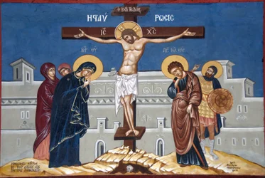 řecké ortodoxní křesťanství; malování; Ježíš Kristus na kříži; klášter Moni Ipsilou; ostrov Lesbos; Egejské moře; Řecko; Evropa