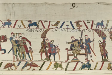 Harold a hrabě Guy z Ponthieu spolu mluví v Beaurain, Bayeux Tapestry (vlněná výšivka na plátně)