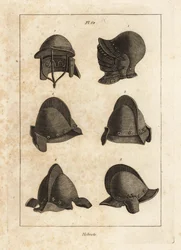 Přilba se sklopným pivem v Tower of London 1, přilba s dvojitou tyčí 2 a salát s orelem nebo sluchátky 3-6