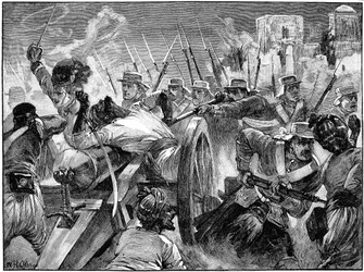 Highlanders zajímající zbraně vzbouřenců v Cawnpore, Indian Mutiny, 16. července 1857 c1895
