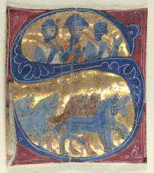 Historická iniciála S Vyříznutá z Bible: Vojáci a koně, 13. století.