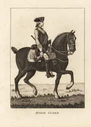 Horse Guard, ve vojenské uniformě s tricorn, mušketa