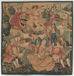 Lovecké a pastorační scény, s ověnčeným hrdinou mezi dámami, c. 1510.