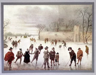 Ilustrace lidí hrajících golf na zamrzlé vodě, c18. století