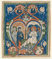 Iniciála A [ngelus Domini descendit] z antifonáře: Tři Marie u hrobu, c1280-1300.