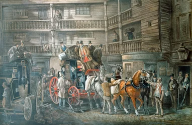 Hostinec s poštovním trenérem připravujícím se k odjezdu, c1840
