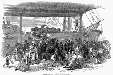 Irští emigranti nalodění do Ameriky ve Waterloo Docks, Liverpool, 1850