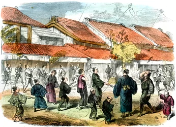 Japonská hra s pálkou a opeřeným míčkem v ulicích Jokohamy, 1865
