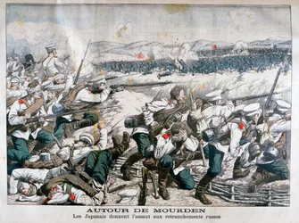 Japonské jednotky útočící na ruské zákopy, Mukden, Mandžusko, říjen 1904