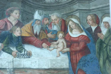 Ježíš v chrámu freska na dveřích katedrály Saint Mary Aoste Italia