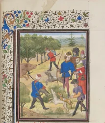 John II Comnenus, byzantský císař na lovu. Miniatura z Historia od Viléma z Tyru, 60. léta 14. století
