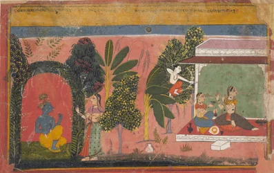 Kama míří svůj luk na Rádhu: Stránka z rozptýlené lásky Gita Govindy ke Krišnovi, ca. 1695.