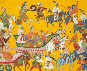 Král Dasaratha a jeho družina pokračují na Ramas Wedding: Folio from the Shangri..., ca. 1690-1710.