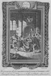 Král Edmund I. zavražděný Leolfem Lupičem, kolem roku 1787