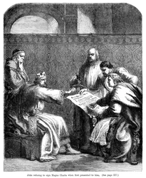 Král Jan 1167-1216 odmítl podepsat Magnu Chartu, když mu byla poprvé předložena, 1215