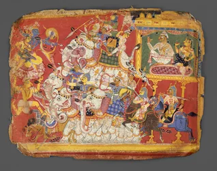 Krišna bojuje s armádami démona Naraka: Stránka z rukopisu Bhagavata Purana, ca. 1540.